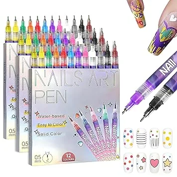 12 Colors Nails Polish Pens Set,Upgrade 0.5mm Fine Tip Nails Pen for 3D Nails Design,Drawing Painting Liner Brush for DIY Nails Decoration Tools(C-3 Sets)