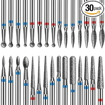 30PCS Nail Drill Bits Set: 3/32'' Diamond Nail Bits for Acrylic Gel Nail Prep Contain Flame/Ball/Needle/Safety Shape Heads, Remover Tools Efile Cuticle Bits for Salon Home Manicure Pedicure Nail Tech