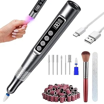 35000RPM Cordless Nail Drill Electric File Professional Kit Portable Rechargeable 2 in 1 Nail Drill/UV Lamp for Acrylic Gel Nails Low Noise Nail Tools for Home Use, Nail Salon, Gray