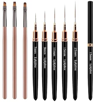 5Pcs Nail Art Liner Brushes, Liner Brush for Nails Gel, Thin Nail Art Brush, Sizes 7/9/11/15/25 mm, 3Pcs Nail Art Clean Up Brushes for Nail Design Painting DIY and Clean Polish Mistake On The Cuticles