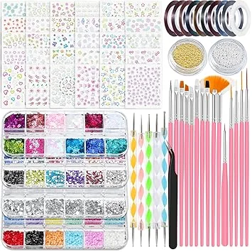 67 in 1 Nail Art Brushes Nail Art Kit,Brushes Dotting Pens with Striping Tape,Mini Metal Caviar Beads Ball,Rhinestones, Pearls,Metallic Foil Flakes,Sequins,Stickers Manicure Design Tools (Pink)