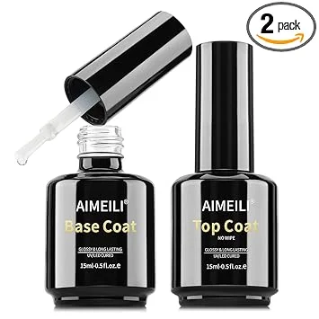AIMEILI Gel Nail Polish Hema Free No Wipe Top and Base Coat Set 2 x 15ml, Cruelty Free, Vegan, High Gloss Shine Finish and Long Lasting