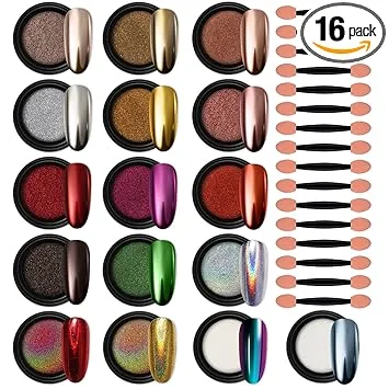 Artdone 16 Jars Chrome Nail Powder Magic White Pearl Kit Mirror Effect Silver Metallic Holographic Dip Nail Powder Decoration Iridescent Aurora Mermaid Pigment