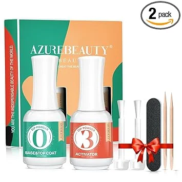 AzureBeauty 2 Combined into1 Dip Powder Base & Top Coat with Activator, 0.5oz/Bottle, Fast Drying, No Lamp Needed, for Nail Kit