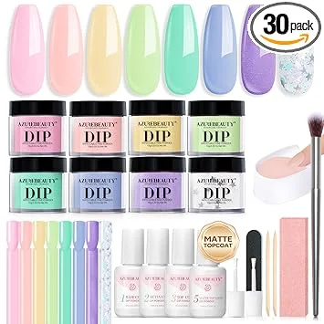 AzureBeauty 30Pcs Dip Powder Nail Kit Starter, Pink Pastel Blue Green Glitter 8 Colors Summer Macarons Dipping Powder Liquid Set with Base/ Matte Top Coat/ Activator/Nail Sticks Easter Gift
