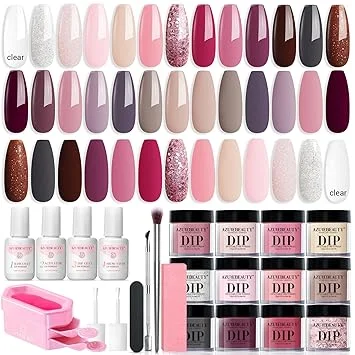 AZUREBEAUTY 31 Pcs Dip Powder Nail Kit Starter 20 Colors Clear Nude Pink Brown Glitter All Season Acrylic Dipping Powder Liquid Set with Top/Base Coat Activator for French Nail Art DIY Salon Gift