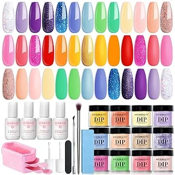 AzureBeauty 31 Pcs Dip Powder Nail Kit Starter, Spring Summer 20 Colors Glitter Neon Pink Blue Green Dipping Powder Liquid Set with Top/Base Coat Activator for French Nail Art Manicure DIY Salon Gift