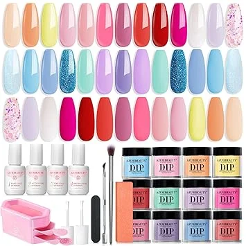 AzureBeauty 31Pcs Dip Powder Nail Kit Starter 20 Colors Pastel Spring Summer Pink Acrylic Dipping Powder Set with Top/Base Coat Activator & Recycling Tray for Macaron French Manicure Salon