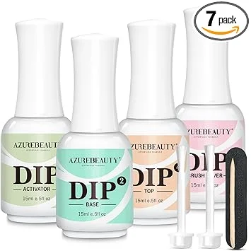AZUREBEAUTY 4+4pc Dip Powder Liquid Set, 15ml/0.5oz, with Base/Top Coat, Activator, Brush Saver, Nail File– Fast Drying Formula, No UV Light Needed
