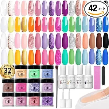 AZUREBEAUTY 42Pcs Dip Powder Nail Kit Starter, 32 Colors Spring Rainbow Bright Pink Red Green Acrylic Dipping Powder Set with Top/Base Coat Activator for French Art Manicure DIY Salon Gift