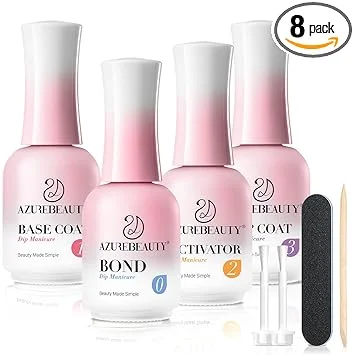 AzureBeauty Dip Powder Liquid Set - 8Pcs 15ml/0.5oz Upgraded Bond, Base Coat, Activator & Top Coat | DIY Home Salon Necessary Tools