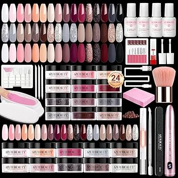 AzureBeauty Dip Powder Nail Kit with Electric Nail Drill, 24 Colors Nude Pink Glitter Nail Powder Starter Kit with Dip Liquids Base Top Coat Activator Portable Manicure French Nail Art Essential Set