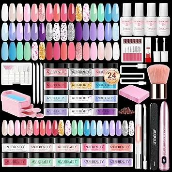 AzureBeauty Dip Powder Nail Kit with Electric Nail Drill 24 Colors Spring Summer Macarons Purple Pink Nail Starter Kit with Dip Liquids Base Top Coat Activator Portable French Art Essential Easter Set
