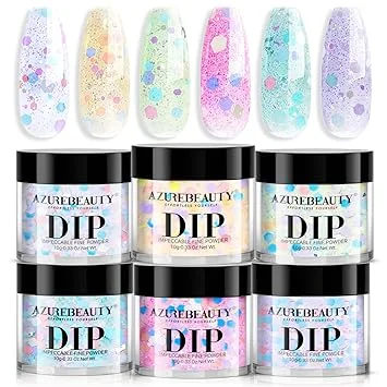 AZUREBEAUTY Dip Powder Nail Set, 6 Colors Spring Pink Purple Green Glitter Cheese Colors Natural Dipping Powder Starter Spring Kit, French Nail Art Manicure DIY Salon, No Need Nail Lamp Cured