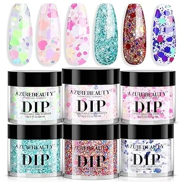 AZUREBEAUTY Dip Powder Nail Set, 6 Colors with Glitter in Pink and Aqua Blue, Light Dark Tones, No Lamp Needed, All Seasons, Dipping Powder Starter Kit for Manicure and Salon Use