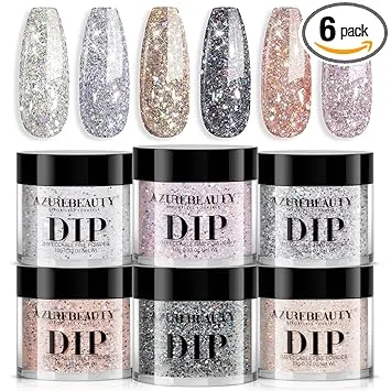 AZUREBEAUTY Dip Powder Nail Set, Silver Pink Black Golden Yellow Glitter Sparkly Shiny Chrome Platinum, 6 Colors All Seasons Dipping Powder Starter Kit Nail Art Manicure Salon, No Need Nail Lamp Cured