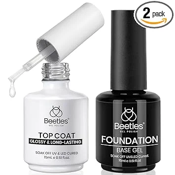 Beetles 2Pcs 15ml Gel Base and Top Coat Set - Upgrade No Wipe Extra Glossy Top Coat Finish for Gel Nail Polish, Soak Off UV/LED Lamp Needed, Essentials for Long-Lasting Manicure Kit