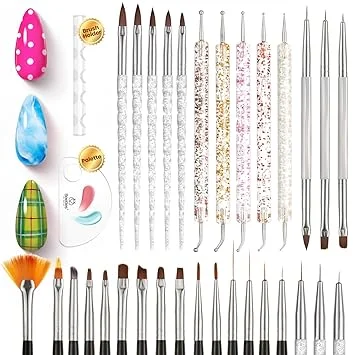 Beetles 31pcs Nail Art Brushes, Dotting Tools, Nail Art Pens, Dust Brush, Striping Liner Fingernail Drawing Pens with Palette Holder Metal Handle All in One for Starter Manicure Design Set