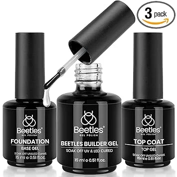 Beetles 3Pcs 15ml Builder Nail Gel with No Wipe Top Coat Gel Nail Polish and Base Coat Set for Nails Shine Finish and Long Lasting Nail Protection UV/LED Lamp Needed Gifts for Women