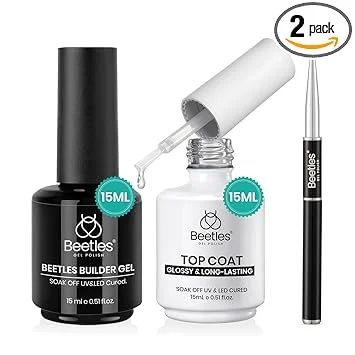 Beetles Builder Gel and Extra Glossy Top Coat No Wipe for Nails with Nail Brush, 15ml Low Heat Hypoallergenic Clear 7 in 1 Builder High Shine Long Lasting Top Coat Gel Nail Polish
