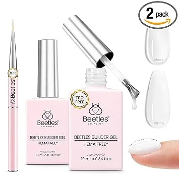 Beetles Builder Gel for Nails 2Pcs, 7 in 1 Clear & Milky White Building Gel Set HEMA-FREE&TPO FREE with Nail Brush, for Strengthening Natural Nail Apex & Extension DIY Salon at Home,UV LED Lamp Cured