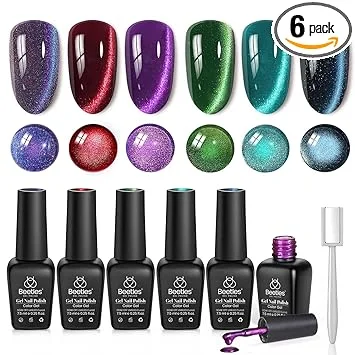 Beetles Cat Eye Gel Nail Polish Set - Galaxy Beam 6 Colors Glitter Gel Nail Polish Kit Red Blue Green Purple Teal Chameleon Magnetic Shine Soak Off UV Salon DIY Manicure Gifts for Women