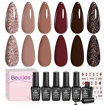 beetles Gel Polish Set Dark Brown Gel Nail Polish 6 Colors Glitter Burgundy Red Gold Black Sparkle Nail Kit Soak Off Led Manicure DIY Home Salon Gifts for Girls Women Academia Aesthetic