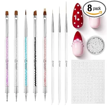Beetles Nail Art Brushes 8pcs – Crystal Nail Art Tools 5pcs Double-headed Nails Dotting Tool, 3pcs Striping Liner Brushes for Nails with Pearls Bowknot Stickers, DIY Home Salon Manicure Design Tools