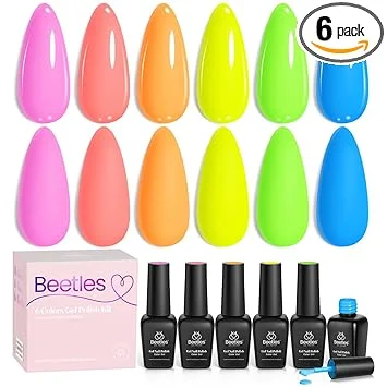 Beetles Neon Gel Nail Polish - Bright Rainbow Collection, 6 Colors Hot Pink Blue Yellow Green Summer Gel Nail Polish Set, Soak Off UV LED Bright Summer Nails Art, Long-Lasting Manicure Salon DIY Home