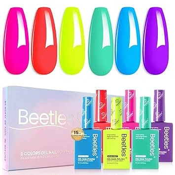Beetles Neon Gel Nail Polish - Neon Bubbles, Hema Free 6 Colors Summer Gel Nail Polish Set Full Size Hot Pink Orange Yellow Blue Purple Green Soak Off UV LED DIY Bright Rainbow Summer Nails Salon
