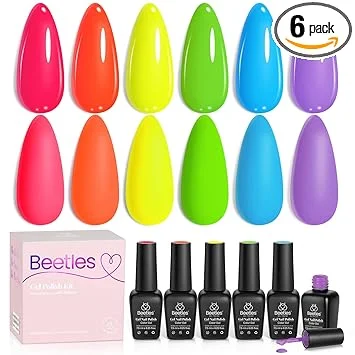 Beetles Neon Gel Nail Polish - Rainbow Kingdom, 6 Colors Hot Pink Blue Yellow Green Summer Gel Nail Polish Set, Soak Off UV LED Bright Rainbow Summer Nails Art, Long-Lasting Manicure Salon DIY Home