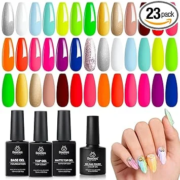 Beetles Neon Gel Nail Polish Set - 20 Color Summer Rainbow Gel Polish Kit with 3Pcs Base Top Coat Hot Pink Orange Blue Lemon Green Glitter Colors Soak Off UV Manicure Gift for Women