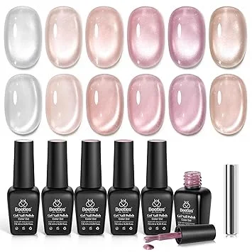 Beetles Nude Cat Eye Gel Nail Polish Set - Nude Reflection 6 Colors Summer Cat Eye Gel Polish Kit Silver Nude Pink Neutral Glassy Finish with Magnet Soak Off UV Manicure Salon at Home Gift for Women