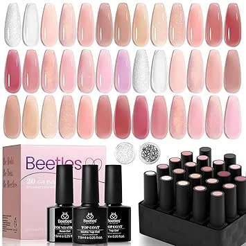 Beetles Nude Pink Gel Nail Polish Set, Nude Paradise Gel Polish Kit 25PCS 20 Colors Jelly Pink Sheer Glitter White Soak Off UV Base Glossy Matte Top Coat Nail Charms Gift for Women