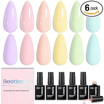 Beetles Pastel Gel Polish Set - Afternoon Desserts Collection, 6 Colors Pastel Bright Gel Polish Purple Yellow Blue Pink Summer Trendy Colors Uv LED Lamp Salon DIY at Home Nails Gifts for Women
