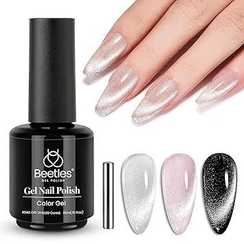 Beetles Silver Cat Eye Gel Nail Polish - 15ML Silver Glitter Cat Eye Gel Polish with Magnet Soak Off UV Velvet Nail Polish Salon DIY Manicure Gift for Women