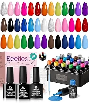 beetles Summer Gel Polish Set, 20 Color Pink Yellow Green Red Blue Gel Nail Polish Blokecore Collection with Sports Nail Charms Base Top Coat and Double-ended Brush DIY Home Rainbow Nails
