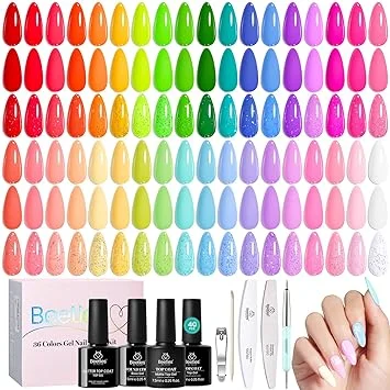 Beetles Summer Gel Polish Set - 36 Colors Neon Pastel Rainbow Bright Color Gel Polish Set with Base Coat Glossy Matte & Glitter Top Coat Pink Red Yellow Manicure Vivid Whimsy Summer Gifts for Women