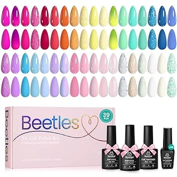 Beetles Summer Gel Polish Set - 39Pcs Neon Gel Nail Polish Pink Red Blue Purple Polish All Season Nails with Base Top Coat Soak off Uv LED Lamp Colorful Candies Manicure Kit Gifts for Women