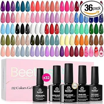beetles Summer Gel Polish Set - Fingertip Palette, 32 Colors Polish Set with Base Top Coat Pink Red Blue Purple Brown Yellow Green Black White Uv LED Lamp Nails Gifts for Women