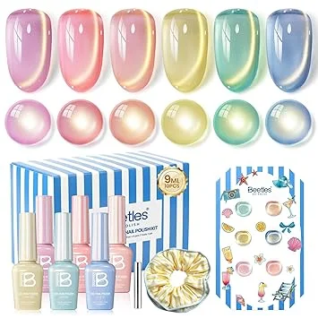 Beetles Summer Voyage Cat Eye Gel Nail Polish Set - 9ML 6 Colors Saltmist Sunset Summer Cat Eye Gel Nail Polish Kit Yellow Blue Green Pink Purple Soak Off UV Salon DIY at Home Manicure Gift for Women
