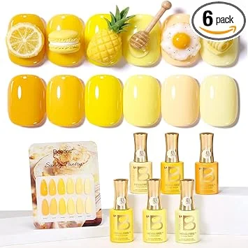 Beetles Yellow Gel Polish Set - Sunny Pantry with Color Card, 6Colors HEMA FREE Yellow Gel Nail Polish Set 15ML Full Size, Long-Lasting Soak Off UV Lamp Summer Summer Nails Art