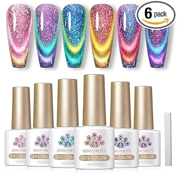 Born Pretty Cat Magnetic Gel Nail Polish 9D Chameleon Holorgraphic Cat Magnetic Eye Gel Polish Glitter Gel Polish Set 6PCS