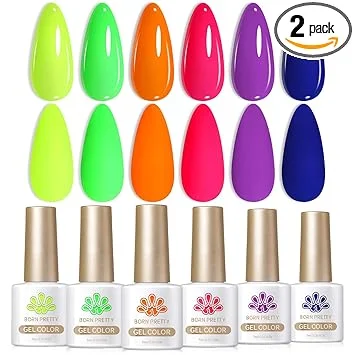 Born Pretty Neon Gel Nail Polish Set 6 Colors Spring Summer Luminous Glow in Dark Gel Polish Fluorescent Orange Hot Pink Blue Yellow Green Purple Gel Nail Polish Set 7ML