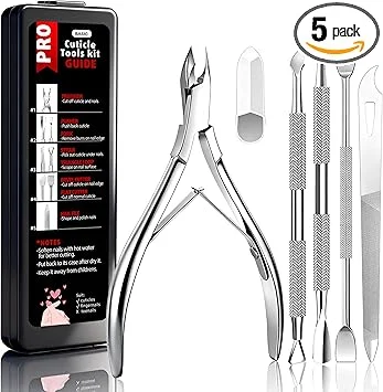 Cbiumpro 5-Pack Cuticle Trimmer Set with Pusher, Cutter, Scraper, Nipper, Clipper, Professional Stainless Steel Cuticle Remover Tools Kit for Fingernails & Toenails - with Case