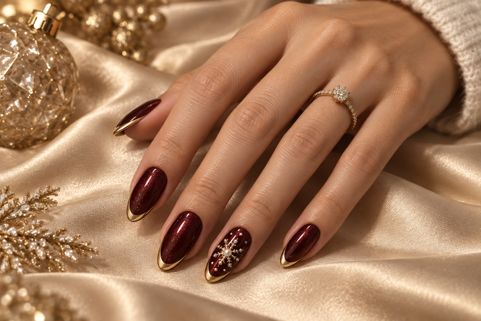 Classy almond Christmas nails with deep burgundy velvet cat-eye and pearl snowflake art
