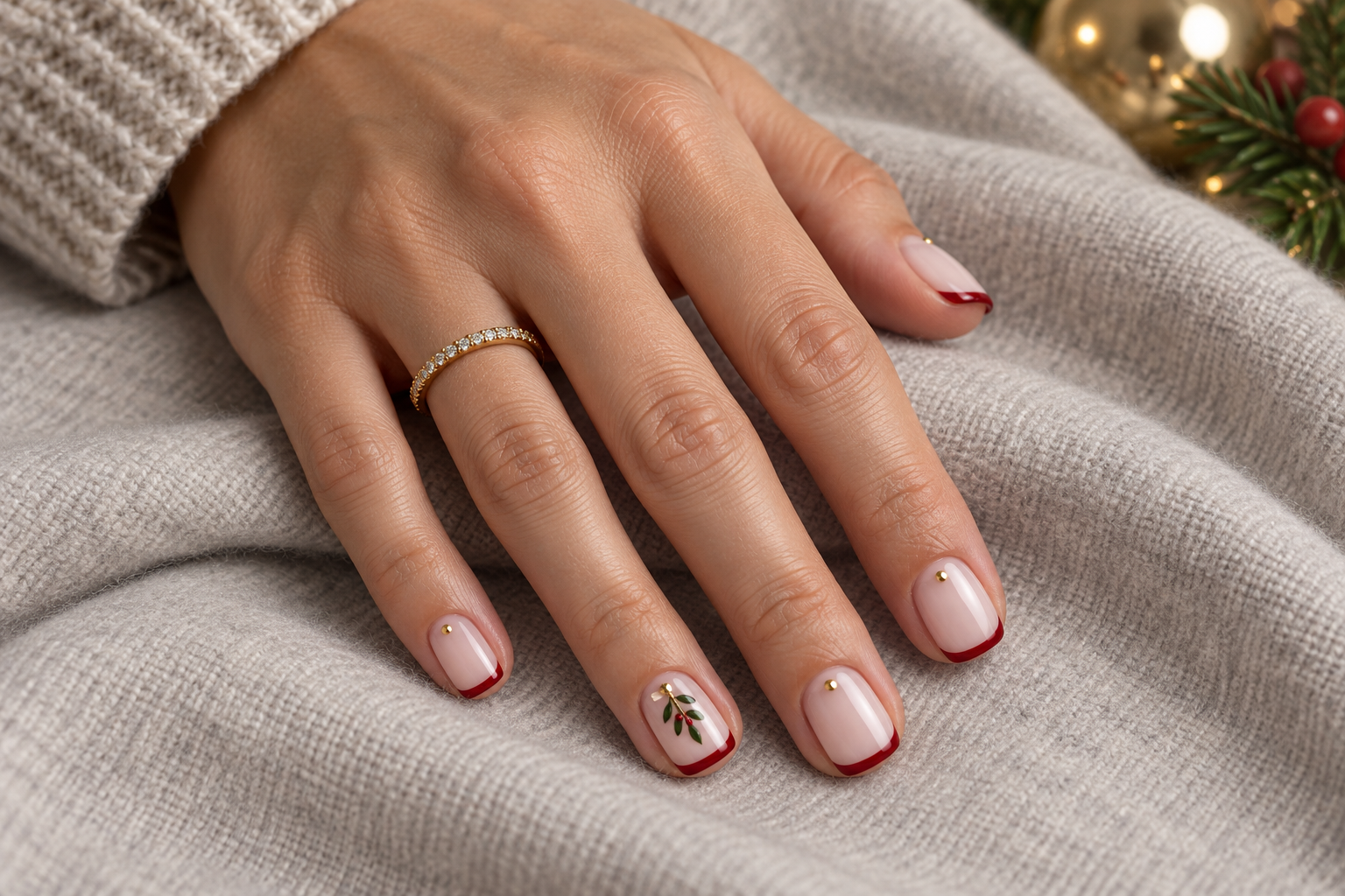 Simple short Christmas nails on short squoval canvas with ruby micro-tips and mistletoe accent