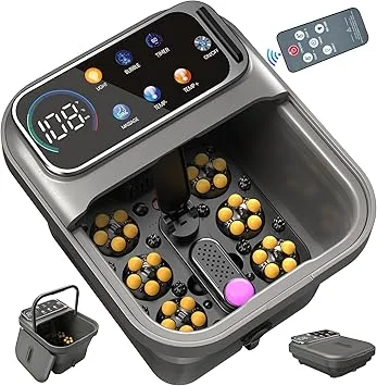 Collapsible Foot Spa Bath with Heat and Massage, Motorized Shiatsu Foot Massager Tub for Plantar Fasciitis & Stress Relief, Temp Control, Bubbles, Remote, Pedicure Spa at Home