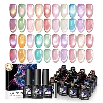 COSCELIA 20pcs Cat Eye Gel Nail Polish Set, 20 Spring Summer Colors Jelly Cateye Gel Polish with Magnet Collection Pink Milky Purple Blue Green Pink Magnetic Nail Polish Starter Kit Gifts for Women