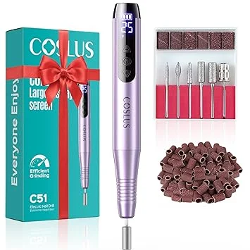COSLUS C51 Cordless Nail Drill Electric File: Professional for Acrylic Gel Dip Powder Nails, Portable All-in-One Nail Drill Machine Kit for Manicure & Pedicure, with LED Screen & 25 Speeds, Purple